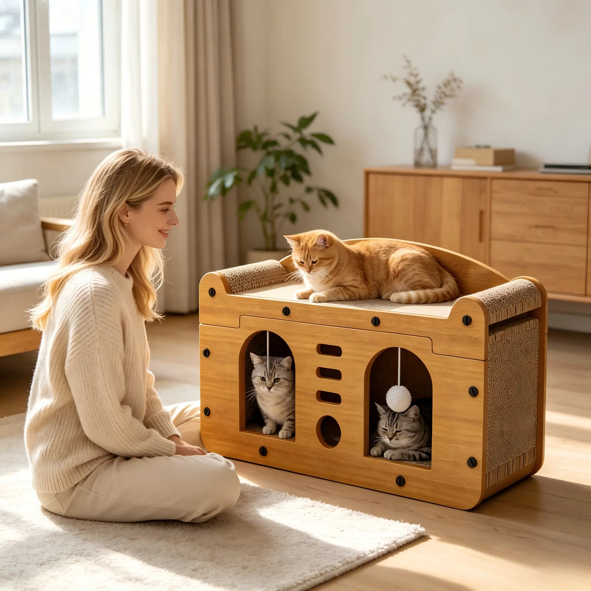 Wooden Cat Scratcher House 2-Arch Entry Cat Bed Open Top Lounge Dual Door Cat Cave with Hanging Balls Space Saving Multi-Cat Indoor Furniture