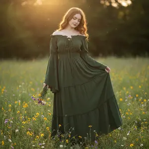Women's Renaissance Irish Medieval Peasant Pirate Costume Dress - Off Shoulder Smocked Waist Maxi Long Retro Gown with Ruffled Details, Traditional Ivory Minimalist Sundress Perfect for Summer Outfits, Historical Themed Events, LARP and Cosplay