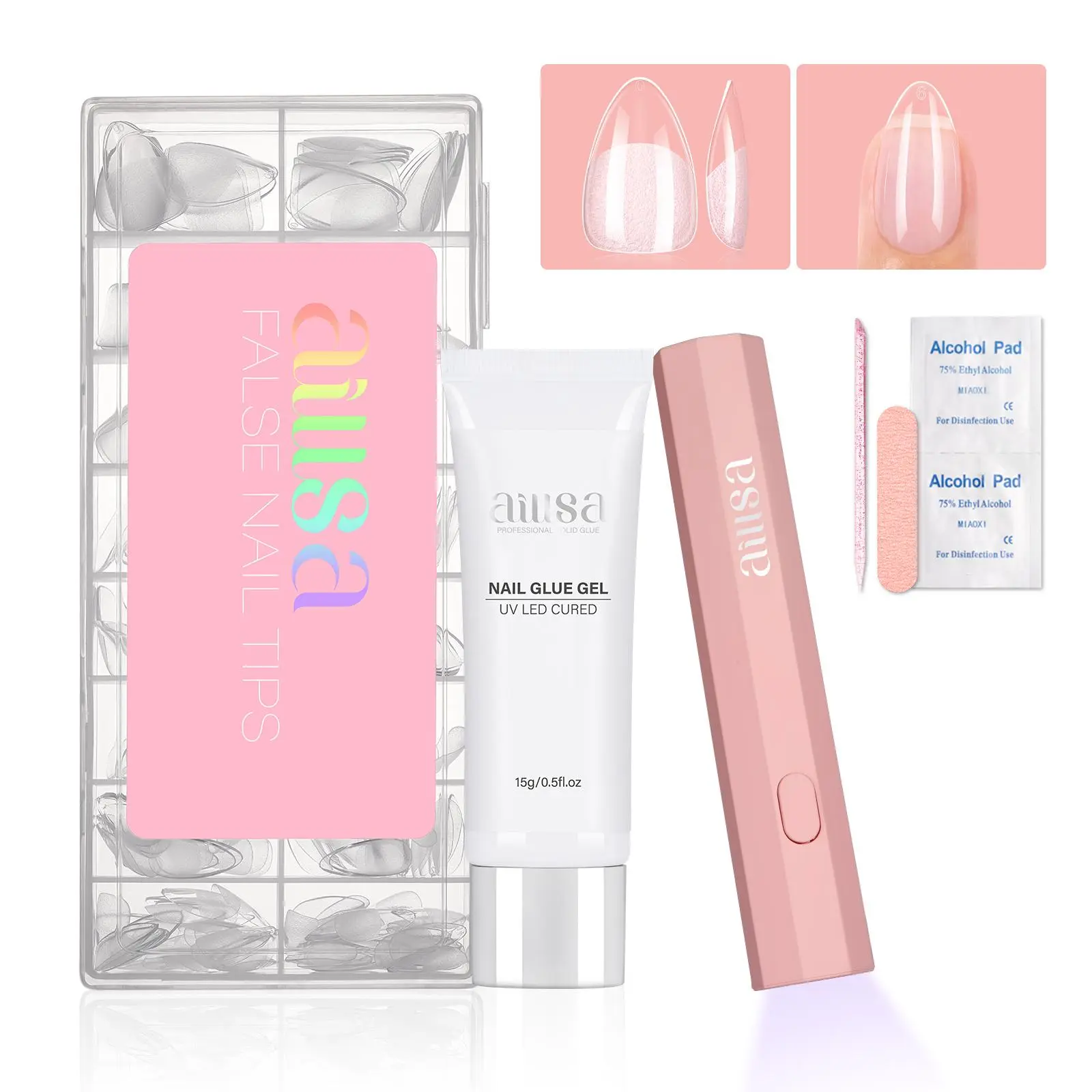 AILLSA Press On Nail Kit with Clear Nail Tips, 15g Strong Solid Nail Glue Gel & Handheld UV Light, Full Cover Pre-Filed Tips for DIY Nail Extension AILLSA Press On Nail Kit with Clear Nail Tips, 15g Strong Solid Nail Glue Gel & Handheld UV Light, Full Cover Pre-Filed Tips for DIY Nail Extension