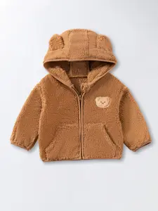 Boys' Winter Cute Bear Full-Zip Jacket, Warm Fleece Lined Outerwear, Long Sleeve Hooded Top, Easy on and Off, Pure Color