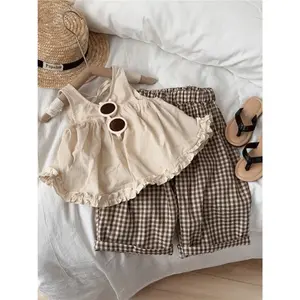Girls' Two-Piece Set Summer Pure Two-Piece Set Summer Sleeveless Top Vest Plaid Pants New Girls' Fashionable, for Outdoor