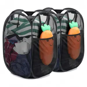 LMMAKE Collapsible Mesh Pop Up Hamper with Wide Opening & Side Pocket Breathable Sturdy Foldable Space Saving Design for Clothes Storage Black