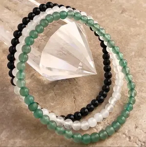 Fertility Beaded Gemstone Bracelet 3pcs Set - Black Tourmaline, Moonstone and Green Aventurine, 4mm Beaded Energy Crystal Bracelets