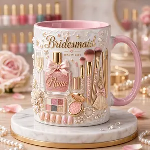 Custom Bridesmaid Mug 2D Printed 3D Effect Coffee Mug Personalized Name Design Ceramic Cup for Wedding Party Bridesmaid Maid of Honor Beauty Lover Gift for Women Girls Bridal Shower Bachelorette Appreciation Gift Idea
