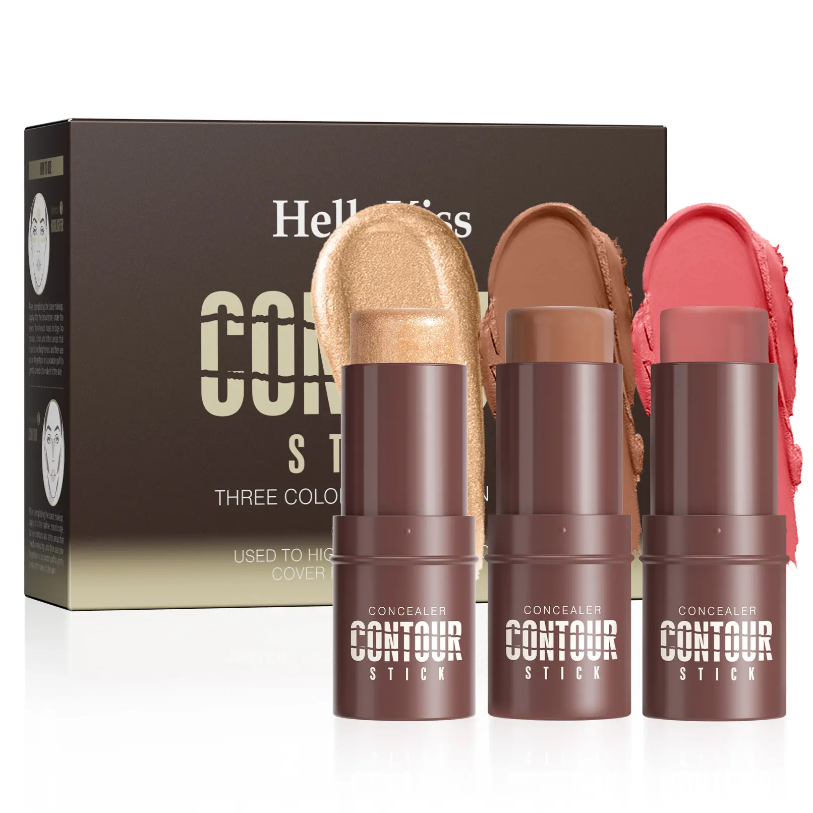 HELLOKISS Three-Piece Concealer and Contour Stick Set for Shaping Small V Face, Natural Makeup, Facial Contouring, Multi-Purpose Contour Stick Set, Fine and Silky Powder, Easy to Apply Makeup All Day Illuminator Long Lasting Shimmering