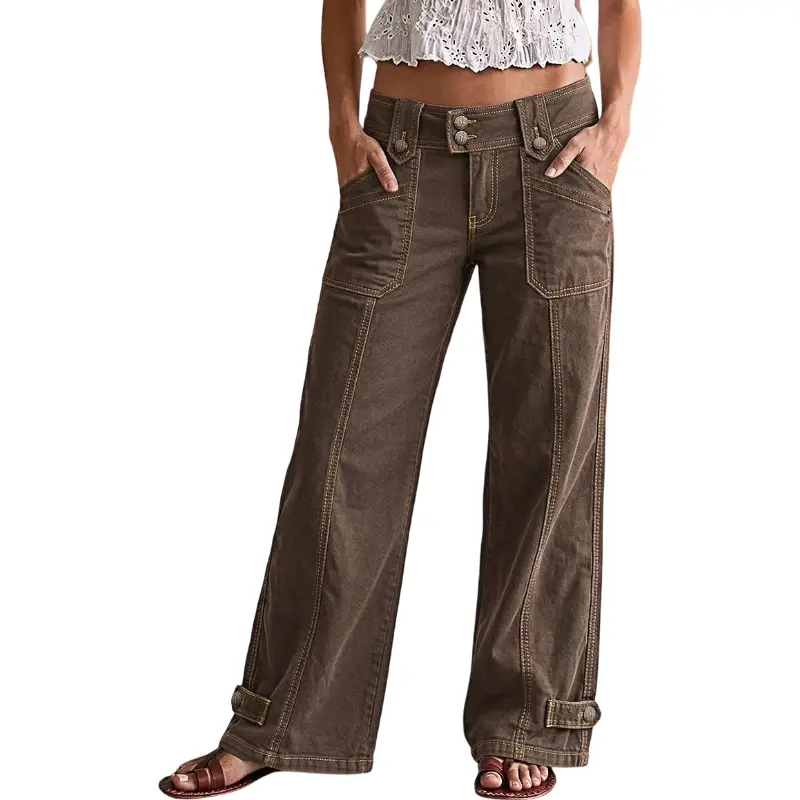 Flamingals Button Tab Stitch Detail Mid Waist Wide Leg Pants Stretchy 30.1'' Inseam