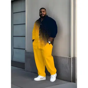 Men's 2 Piece Sets, Plus-Size Long-Sleeved Shirt and Trousers Set, Yellow and Black Contrast Stitching, Polka Dot Print, Wrinkle-Resistant, All-Season, Suitable for Leisure, Parties, Daily Office Use