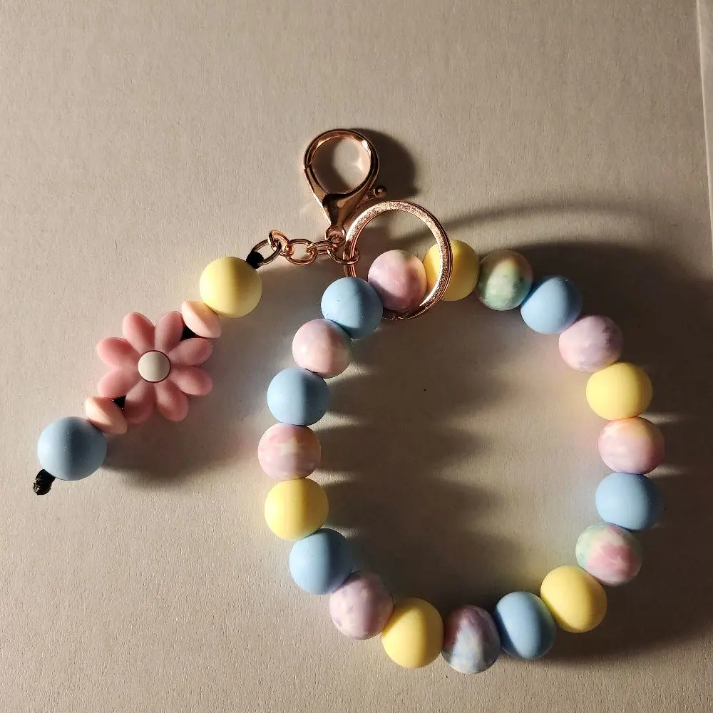Silicone Wristlet with Keychain - Pastel Color Beads & Hello Kitty Charm - Accessory for Everyday Use