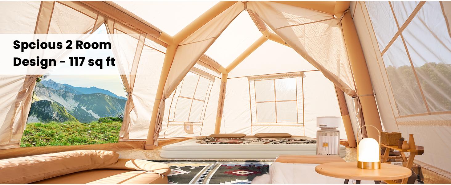 Docred 8/10/12 Inflatable Glamping Tent with Canopy, Hand Pump, Stove Jack, Breathable Waterproof Oxford Fabric, Portable Outdoor Camping Setup, Rainproof Sunproof for Family Travel, Breathable Waterproof Tent, Outdoor Camping Waterproof