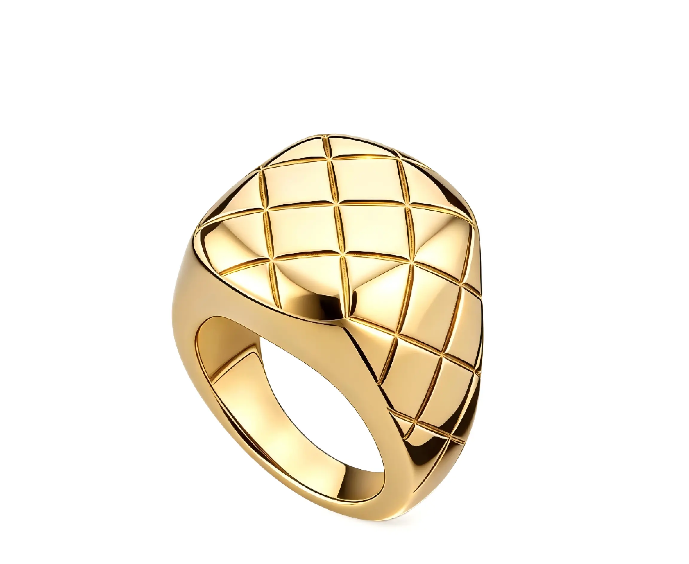Tewiky Chunky Quilted Dome Signet Ring for Women,14K Gold Plated Solid Copper Base Wide Statement Ring,Waterproof Unisex Grid Pattern Finger Jewelry,Ideal Back to School Gift for Girls Campus Daily Party