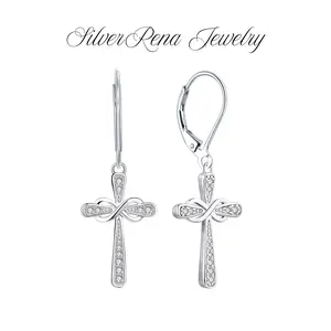 S925 Mother's Day Sterling Silver Cross Earrings Infinity Dangle Drop Earrings Dainty Cubic Zirconia Decorated Faithful Jewelry for Protection