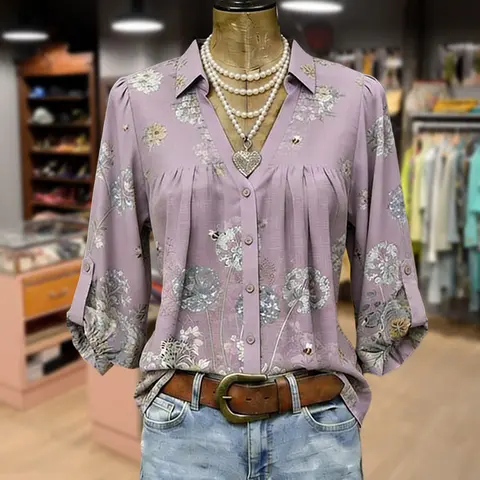 Cherrybetty Vintage Floral Print Split Neck Three Quater Tab Sleeves Blouse Tiktok Shop Spring Glow Up Sweety Comfort Elegant Outfits Going Out Tops