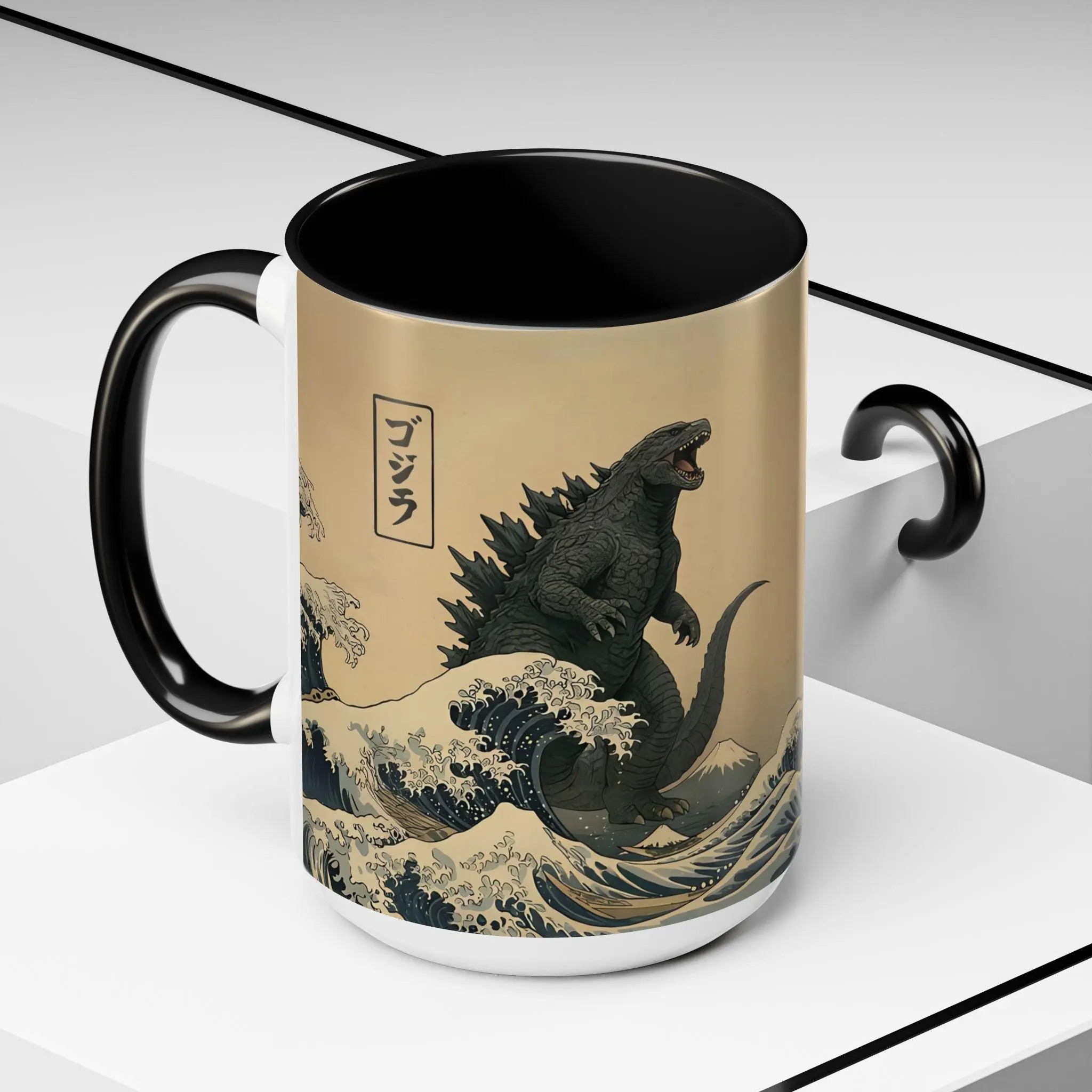 Vintage Godzilla Accent Mug, Godzilla Kaiju Mug King Of The Monsters, Godzilla Accent Mug, Japanese Monster Great Wave Summer gift  # ai generated book mug  # ceramic cups