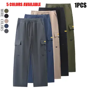 Men’s Wide Leg Baggy Heavyweight Tactical Cargo Pants, 5 Solid Color Options Black Navy Blue Dark Gray Khaki Army Green, Thickened Fabric Drawstring Elastic Waistband Multi Side Flap Pocket Loose Utility Casual Streetwear Bottoms