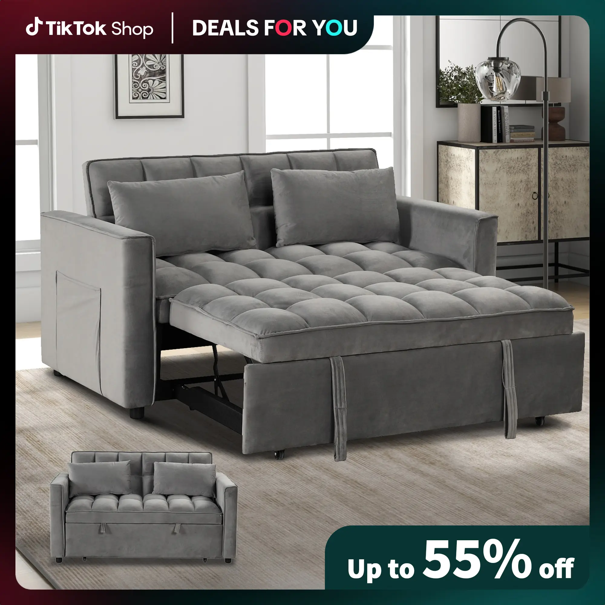 [Dealsforyoudays]Convertible Sofa Bed 3 in 1 Multi-Functional Sleeper Couch, Futon Pull Out Bed, Velvet Loveseat Chaise Lounge with Side Pockets and P