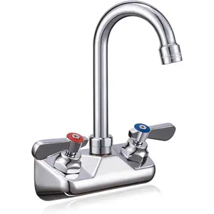 Leak-Free Wall Mount 4" Center Kitchen Faucet, Commercial Brass Sink Faucet for Restaurant Triple Compartment Sink, 3-1/2 Gooseneck 2 Hole Industrial Laundry Bar Hand Sink Faucet