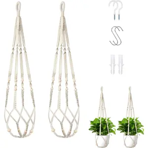 35 Inch Macrame  Hanger Set of 2 with 4 Hooks,Hanging Planter with Wooden Bead Accents, No Tassels,Suitable for Indoor and Outdoor Boho Home Decor,  (Pots and  Not Included)