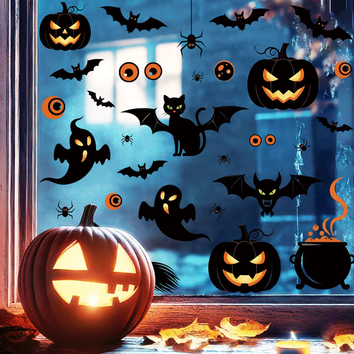 Halloween Static Cling Window Decorative Stickers - 6 Sheets, 56 Unique Designs (Pumpkin, Ghost, Witch, Bat, Black Cat, Spider Web), Reusable No-Glue Glass Door Decals, Fall Home & Party Decor, Reusability
