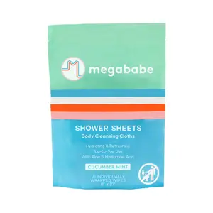 Megababe Cucumber Mint Shower Sheets | Individually Wrapped Body Cleansing Cloths | 10 Wipes (Pack of 1)