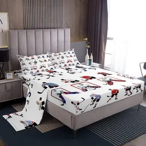 Ice Hockey Sheet Set Full Kids Sports Bedding Set for Boys Bedroom Decor Soft Winter Sports Hockey Puck Bed Set with Twin Flat Sheet, Fitted Sheet and 2 Pillow Cases