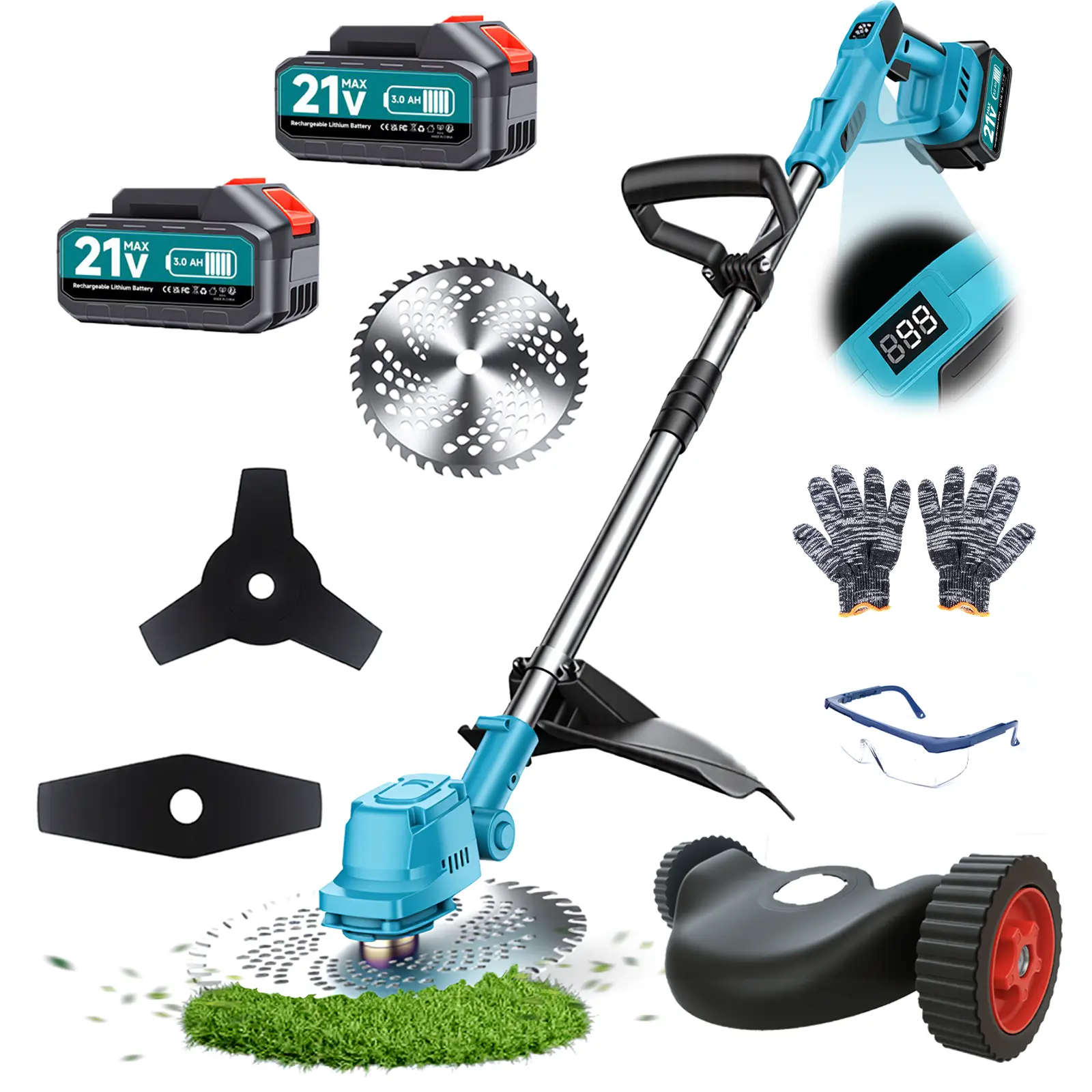 XYSD 21V Electric Weed Wacker Cordless, Weed Eater Battery Powered with 2x3.0Ah Batteries & 3 Types Blades, Brushless Motor Weed Trimmer Cordless Grass Trimmer for Lawn Garden Work