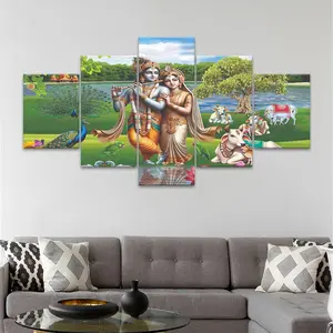 5 Counts Unframed Canvas Poster, Radha Krishna With Peacocks And Cows Poster, Exquisite Poster, Perfect Living Room Decoration, Modern Art, Modern Home Decor, Fashion Family Poster, Wall Art Decoration, Odorless, Waterproof, Artwork