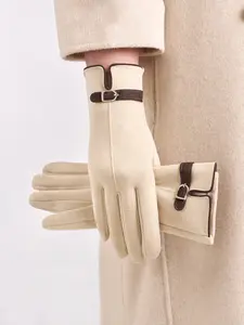 Women's Winter Fleece Lined Fingerless Gloves, Fashionable Versatile Cycling Windproof Cold-Resistant Touchscreen Compatible