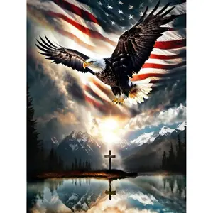 5D Eagle Cross Design Diamond Painting Kit for Adults, 5D Independence Day Full Drill Crystal Art Painting Image Unique Wall Decoration Dot Kit, Available in Various Sizes: 7.9X11.8 Inches, 11.8X15.7 Inches, 15.7X19.7 Inches, 19.7X23.6 Inches