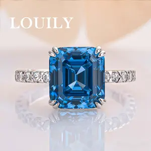 Louily Jewelry 4.5CT Asscher Cut Blue Stone Engagement Ring,5A Cubic Zirconia CZ 925 Sterling Silver Classic Wedding Band