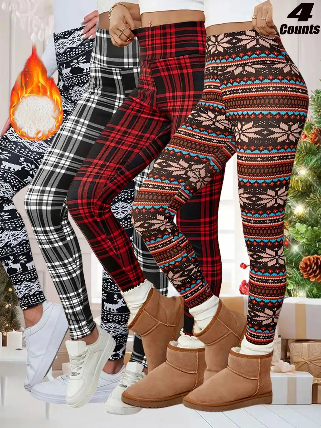 Women's Fall Winter Fleece Lining Christmas Snowflake Deer Plaid High Waist Elastic Warm Sheepskin Leggings, Casual Plant Pattern Trousers, High Rise Leggings