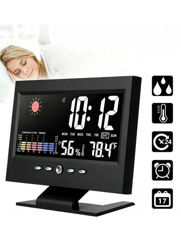 Weather Station Wireless Indoor Thermometer Temperature Desk Digital Alarm Clock Weather Thermometer LED Temperature Humidity Monitor