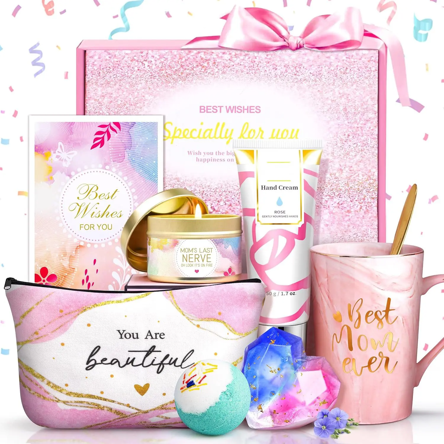 Gifts for Mom Gifts Basket, Mother's Day Gifts for Mom Birthday Gifts Set Include 14Oz Ceramic Mug, Hand Cream, Soy Wax Candle, Bath Bomb, Scented Soap, Make-up Bag - Pampering, Relaxation, Self-Care Essentials| Spa Gift Set, Relaxing Bath Kit Box