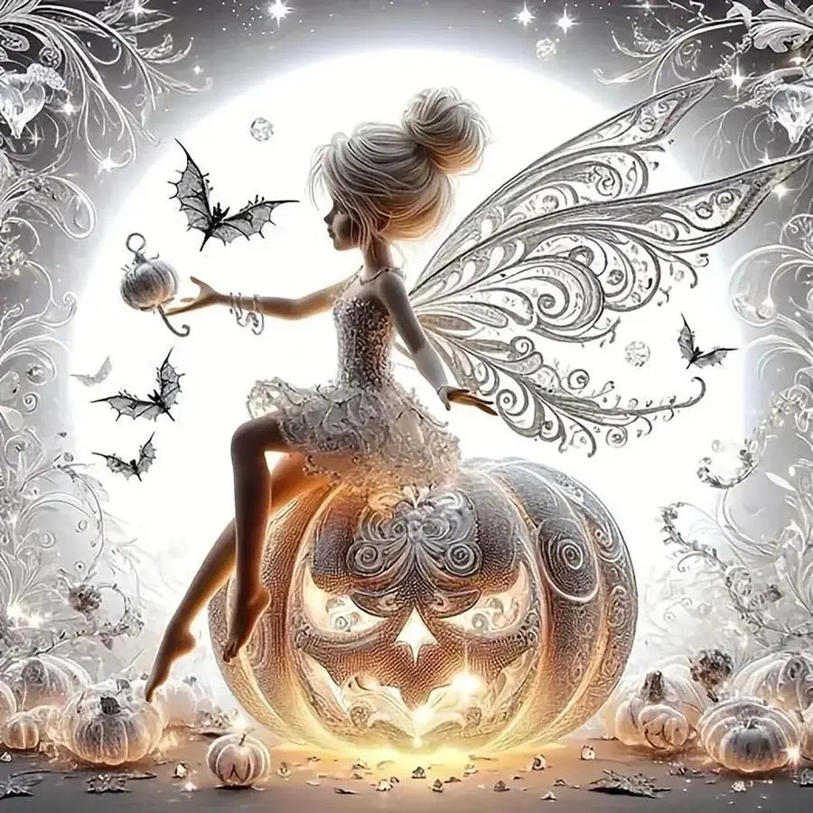 1pcs 5D DIY diamond painting kit, 5D diamond art set, fairy pumpkin bat diamond painting kit full round drill DIY, Vibrant mosaic, diamond art, DIY crafting art home decor, suitable for Halloween and Christmas unique gifts.