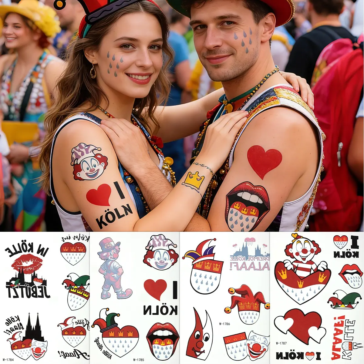 4-Pack Clown Waterproof Temporary Tattoo Stickers, Joker Crown Heart Design, Festival Party Makeup, Unisex, Carnival Parade