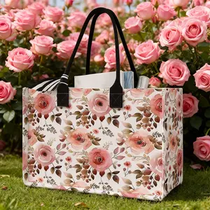 Rose Print Large Capacity Storage Bag, Durable Handles, Space-Saving Multi-Purpose Organizer for School Travel Shopping