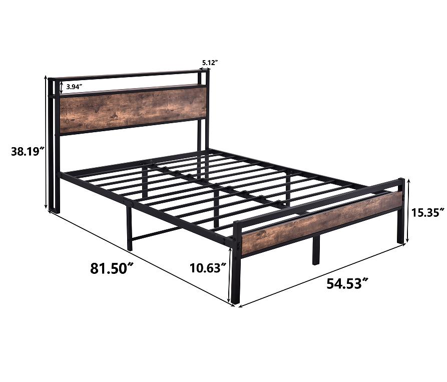 Different Size Metal Platform Bed Frame with Wooden Headboard and Footboard. Features robust metal slat support, no box spring required, delivering exceptional stability and a streamlined, modern aesthetic for your bedroom.