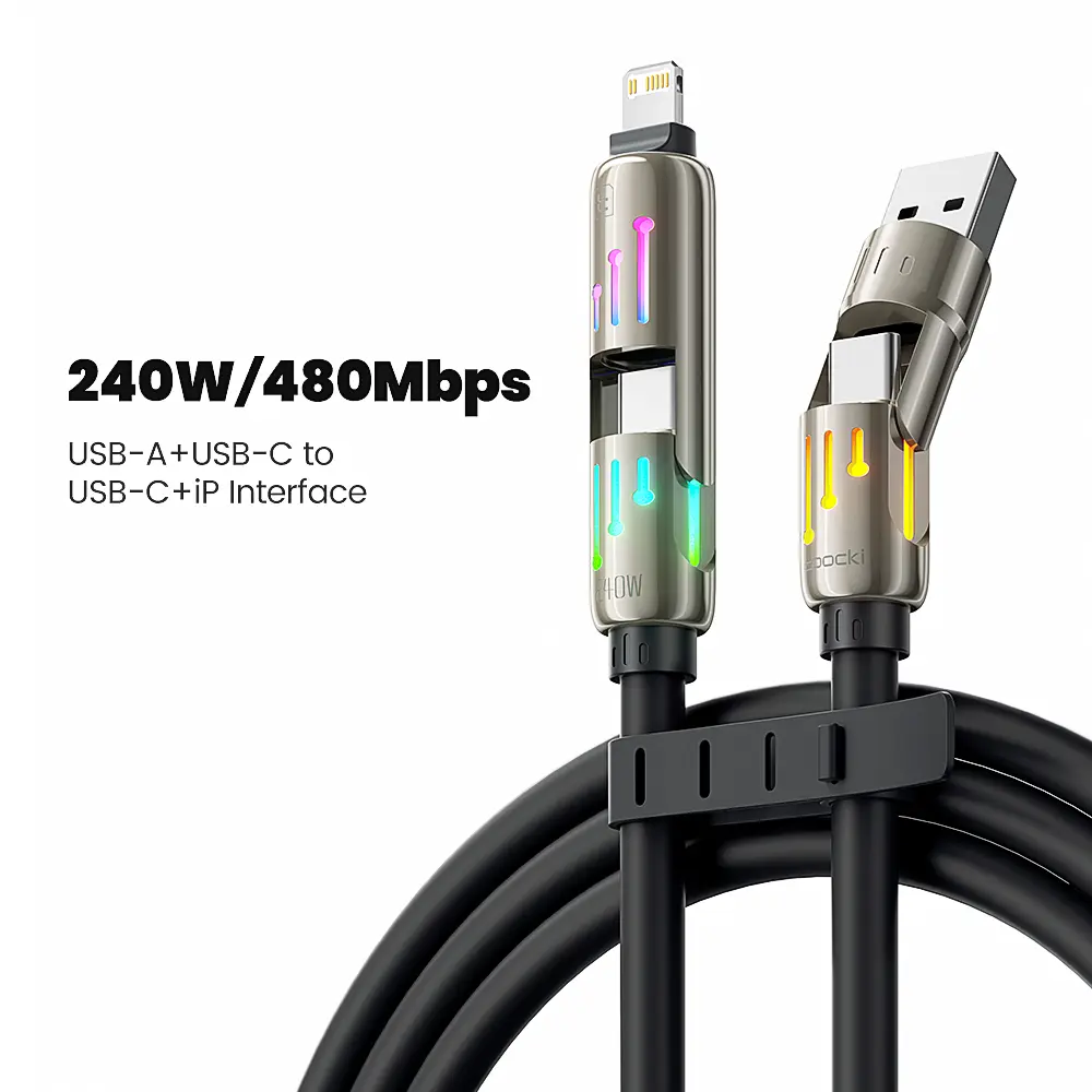 Toocki 240W Durable Silicone USB-C Cable - 4-in-1 Waterproof Fast Charging & Data Sync Cord with Breathing Light, Alloy Build for Mobile Devices: iPhone 16e/16/15/14 Pro, Lightning-Compatible, MacBook, iPad, Samsung S25, Switch 2