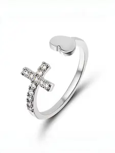 Heart Pendant Diamond Cross Ring, Heart Cluster Ring, Fashion Open Heart Jewelry Gift for Girlfriend, Stylish Valentine's Day Present