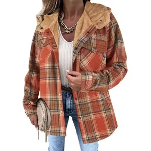 Womens Plaid Shacket Jacket Long Sleeve Button Down Fleece Hooded Jackets Warm Coat christmas cropped trench coat hoodie jumper Christmas