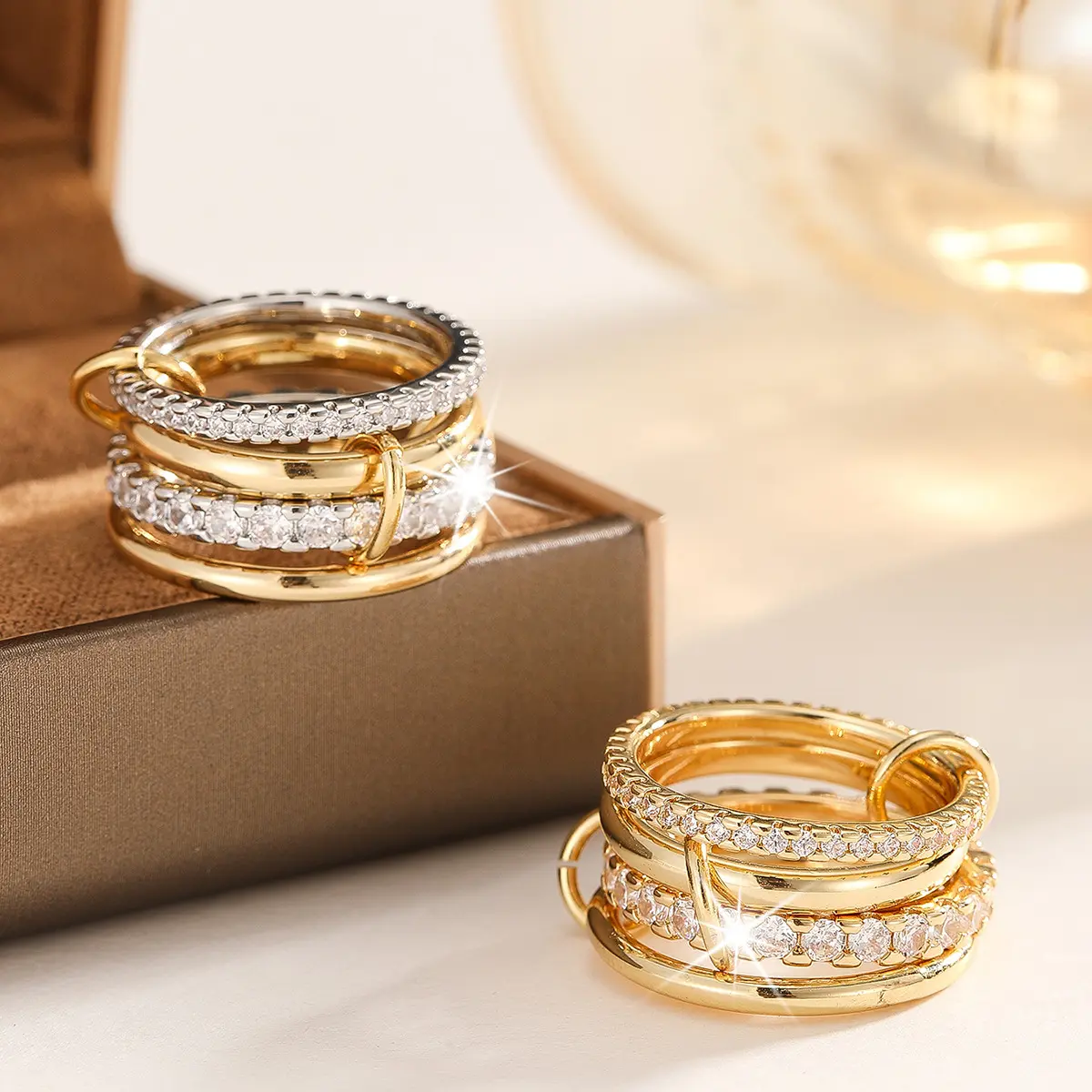 Antique Statement Ring Set for Women, 2-Toned Mixed Metals with CZ Solitaire, Elegant Golden Interlocked Stackable Ring Jewelry, Elegant Ring
