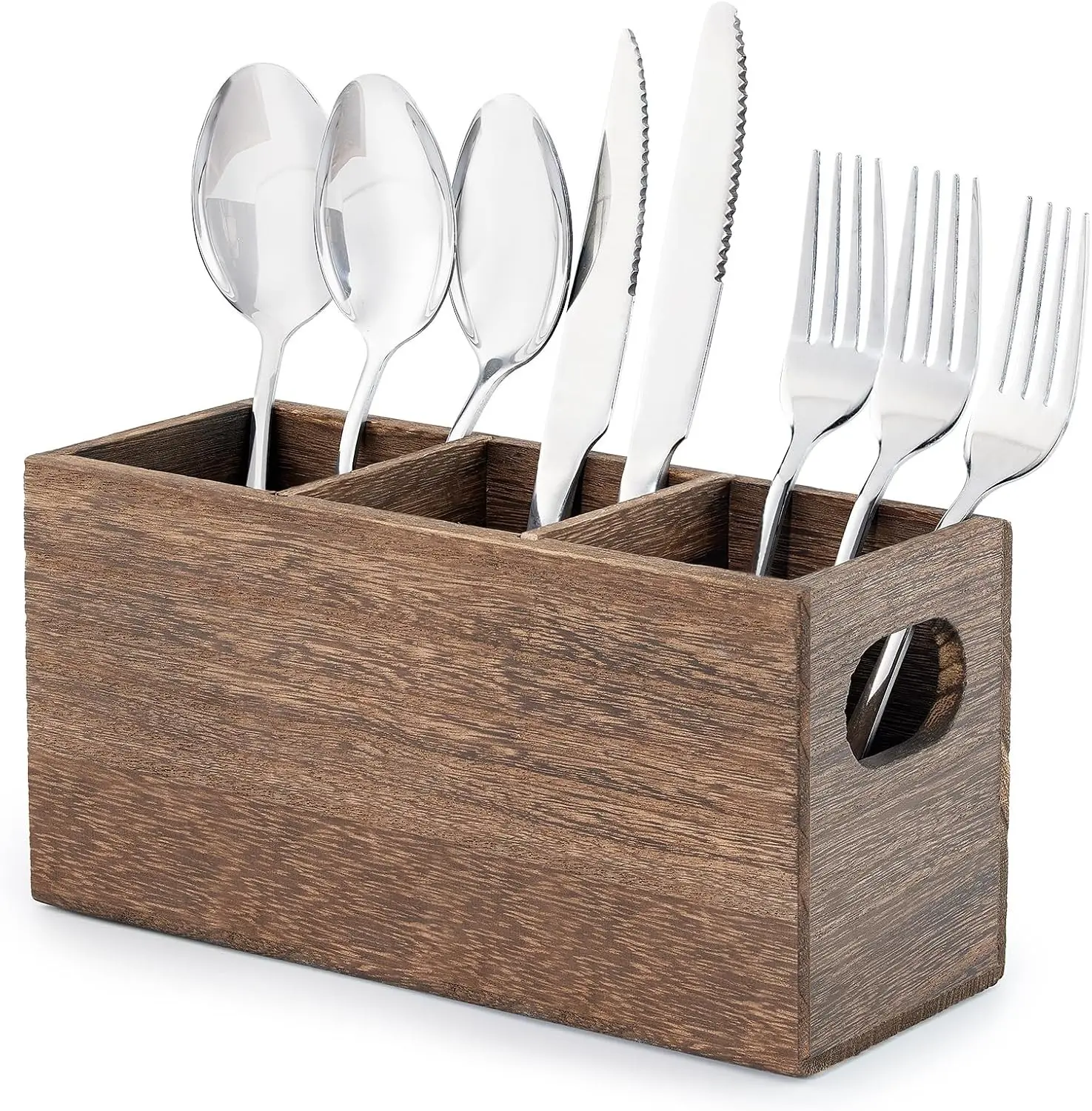 Wooden Silverware Holder Kitchen Utensil Caddy with 3 Compartments Cutlery Storage Organizer Countertop Flatware Organizer for Party Spoon Fork Holder
