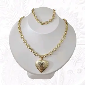 valdiviajewery #1860 Necklace Bracelet Set Heart Pendant Opens 14k Gold Plated High Quality (7mm)