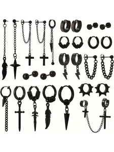 Men's Stainless Steel Earrings Set, Dangle Earrings Men, Cross Feather Pendant Chain Hip Hop Punk Circle Studs, 27 Piece Jewelry Collection