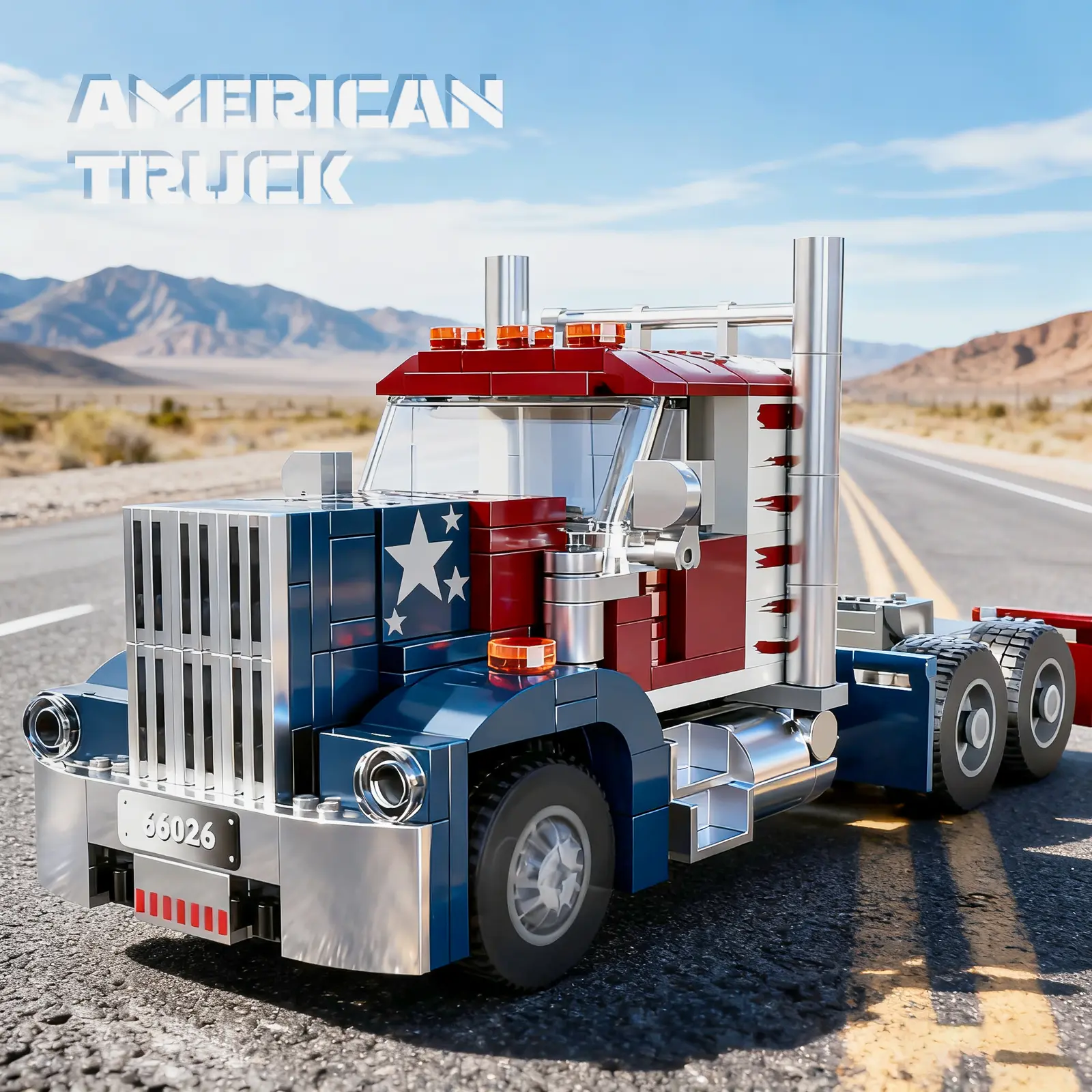 Classic American Patriotic Semi Truck Head Building Module Set, Large Do-It-Yourself Creative Kit, Model Collectible Vehicle Toy for Kids’ Desktop Decoration & Holiday Gift Ideas