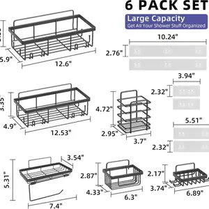 Bathroom Wall-Mounted Storage Rack Set 6-Piece, Modern Home Preferred, No-Drill Installation, Designed for Shower Area, Easy Bathroom Accessories, Steel