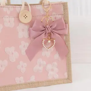 Large Ribbon Bow Keychain Pearl Beaded Pendant Keyring Bag Charm Hanging Accessory Car Key Holder For Women Jewelry Gift