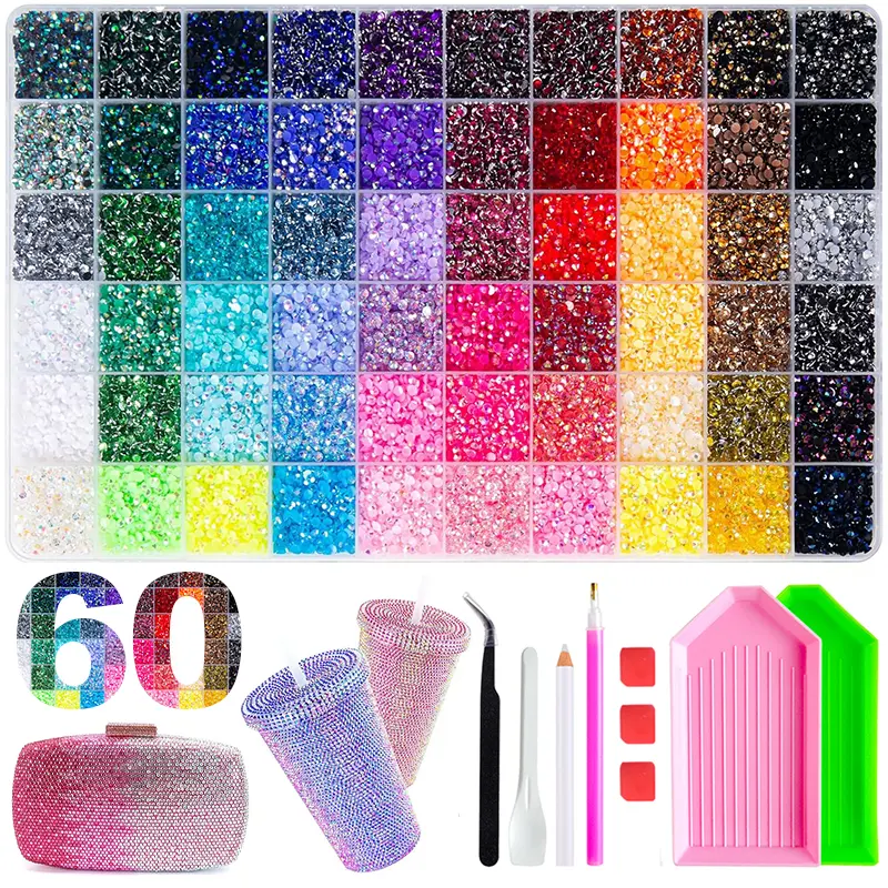 60-Color 60000Pcs 3mm Resin Flat Back Jelly Rhinestones Beads Bedazzling Kit-Deluxe Accessories,Glam Pack Glitter for Rhinestones and Glitter Nail Art Accessories, Crafting, Book, Shoe Decor, Creative Party Gifts & Holiday Gifts