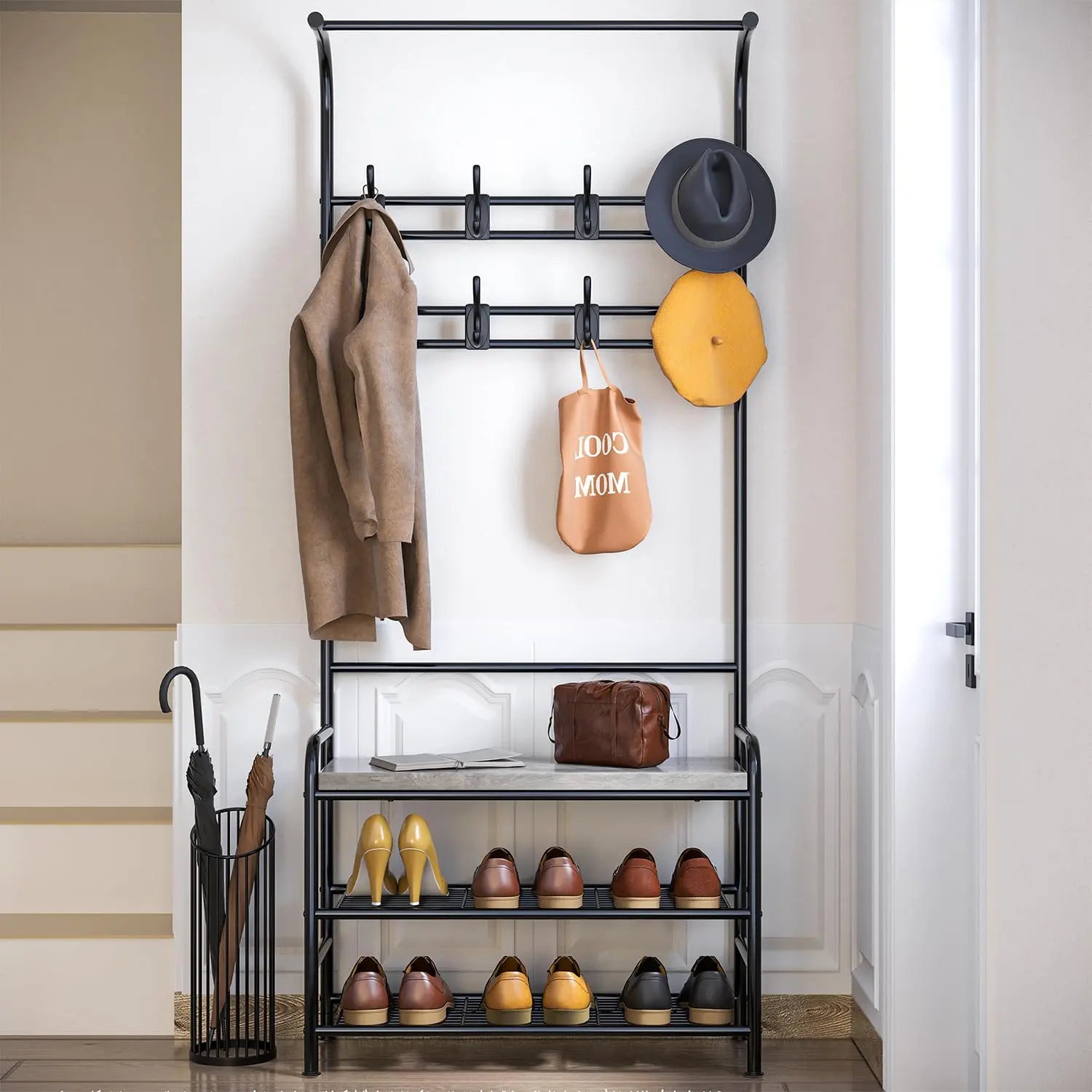 Hall Tree Shoe Bench for Entryway - 4-in-1 Coat Rack with Storage Shelf & 8 Hooks - Rustic Gray Organizer for Small Spaces, Entryway, Bedroom