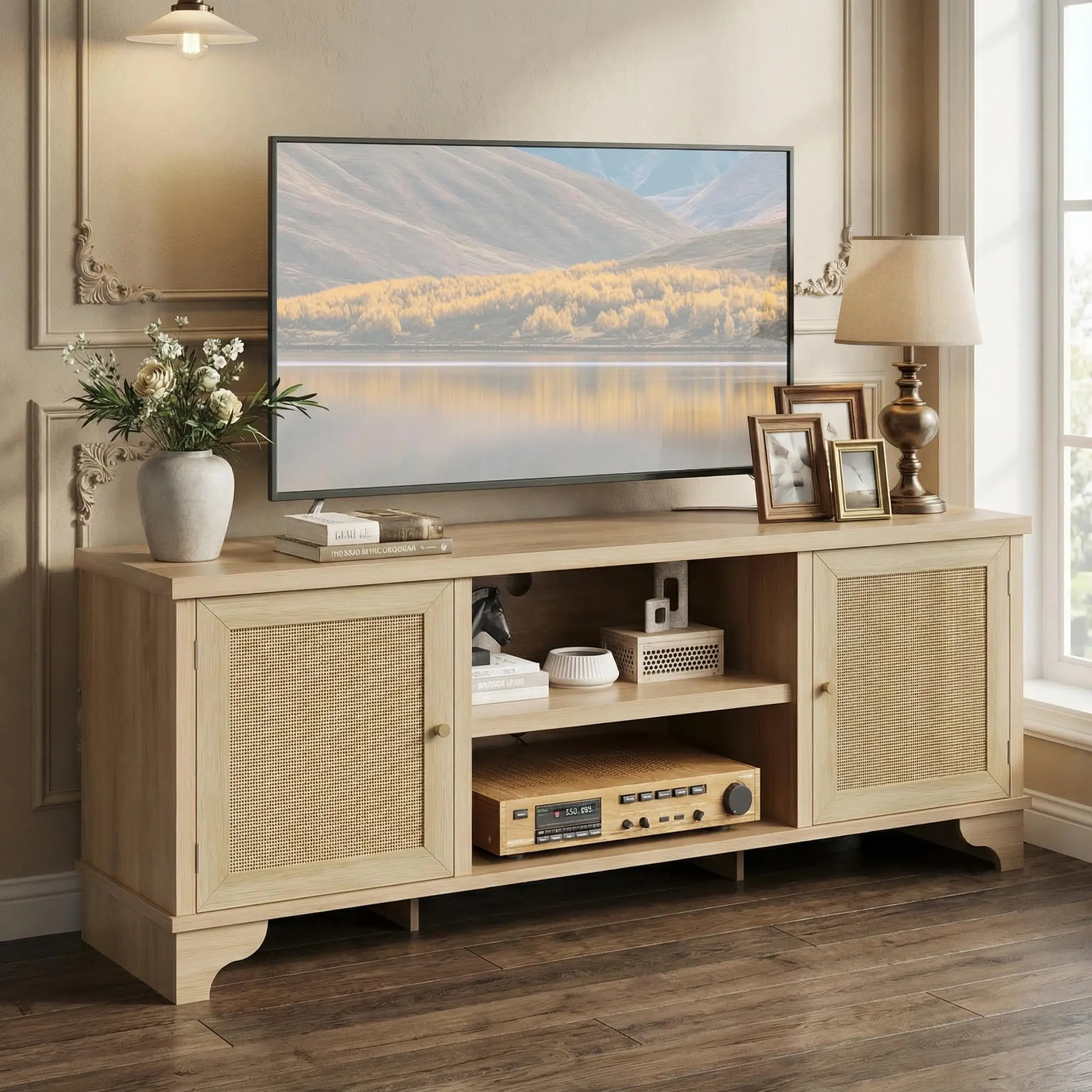 Garvee Rattan Entertainment Center Cabinet with Open Shelf Media Console Table for Living Room Bedroom Fits TVs up to 65 Inches Natural White Black Colors Boho Style Modern Design
