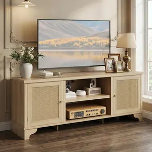 Garvee Rattan Entertainment Center Cabinet with Open Shelf Media Console Table for Living Room Bedroom Fits TVs up to 65 Inches Natural White Black Colors Boho Style Modern Design